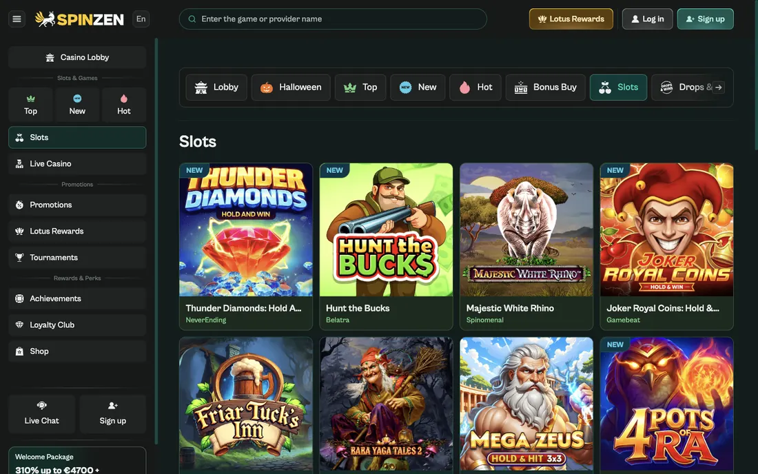 Spinzens slotflik i den engelska versionen med sökfält och rader av spelrutor